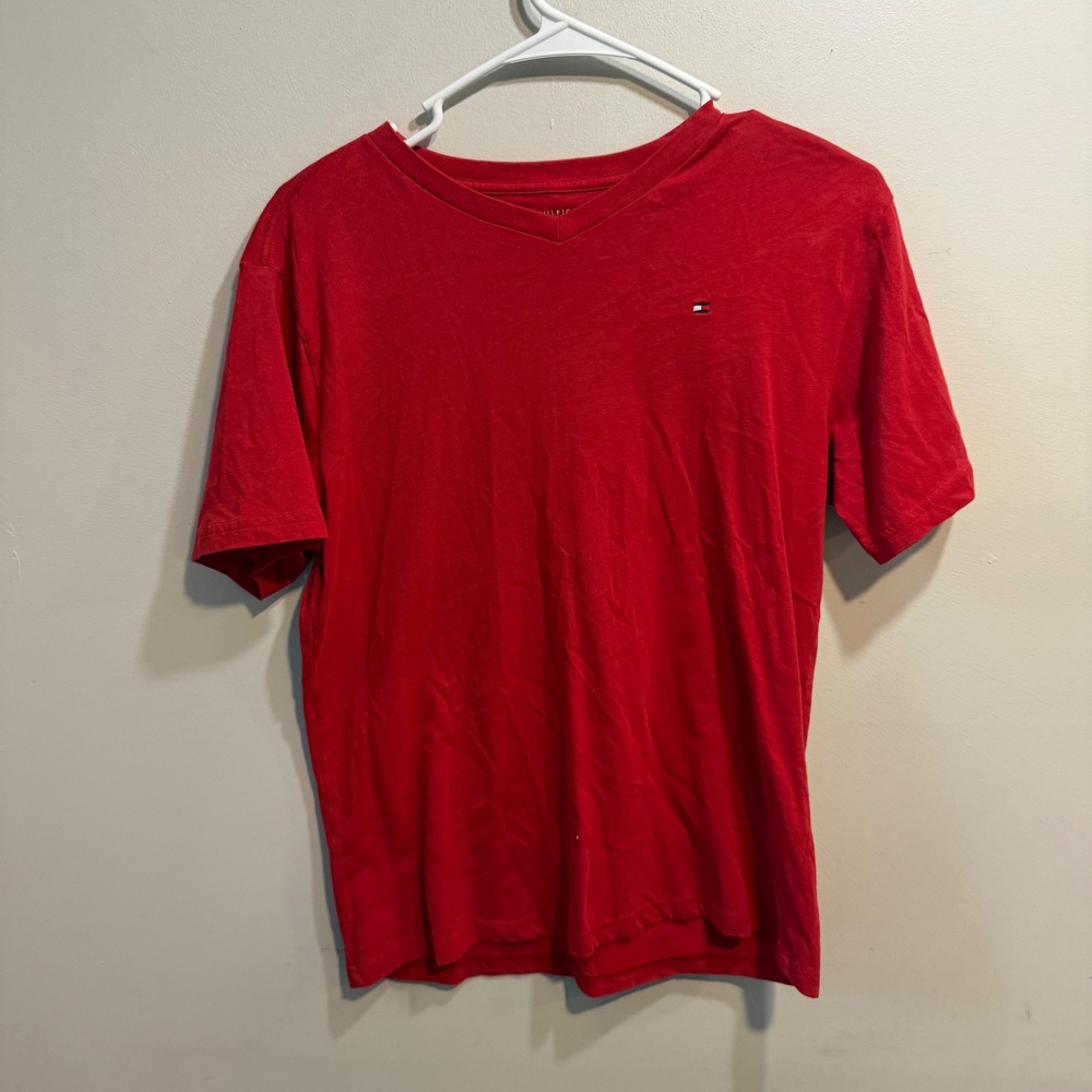 Tommy Hilfiger Red V-Neck T-Shirt Women L 16/18 Cotton Short Sleeve TBACA00F-649